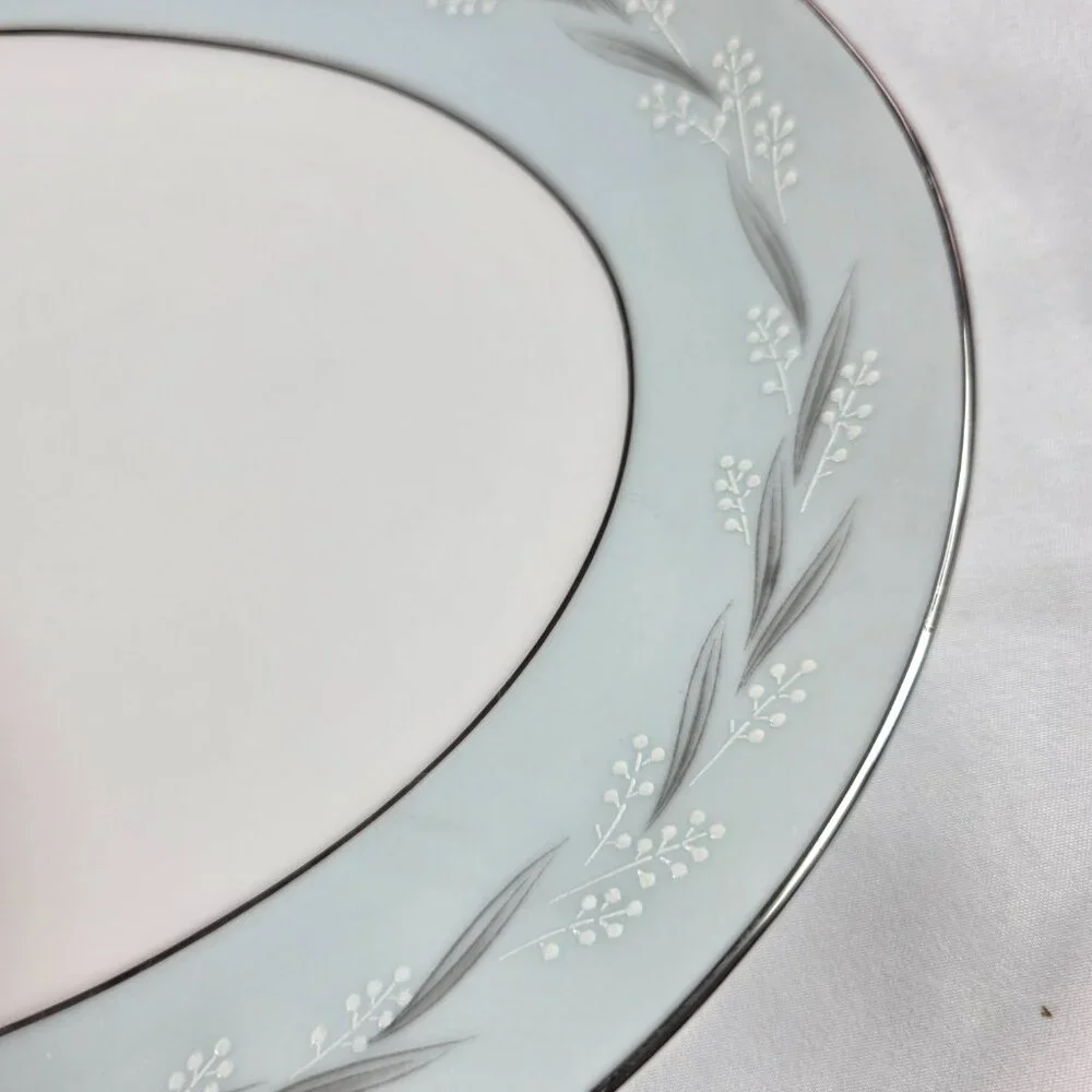 Noritake Sheldon Serving Platter 12 Inch White with Aqua Band and White Flowers